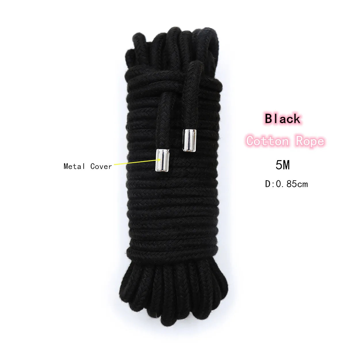 Black cotton rope with metal covers, 5 meters long.