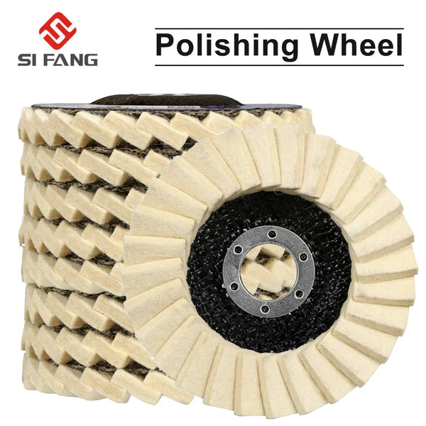 A close-up view of a light beige wool felt polishing wheel used for angle grinders.