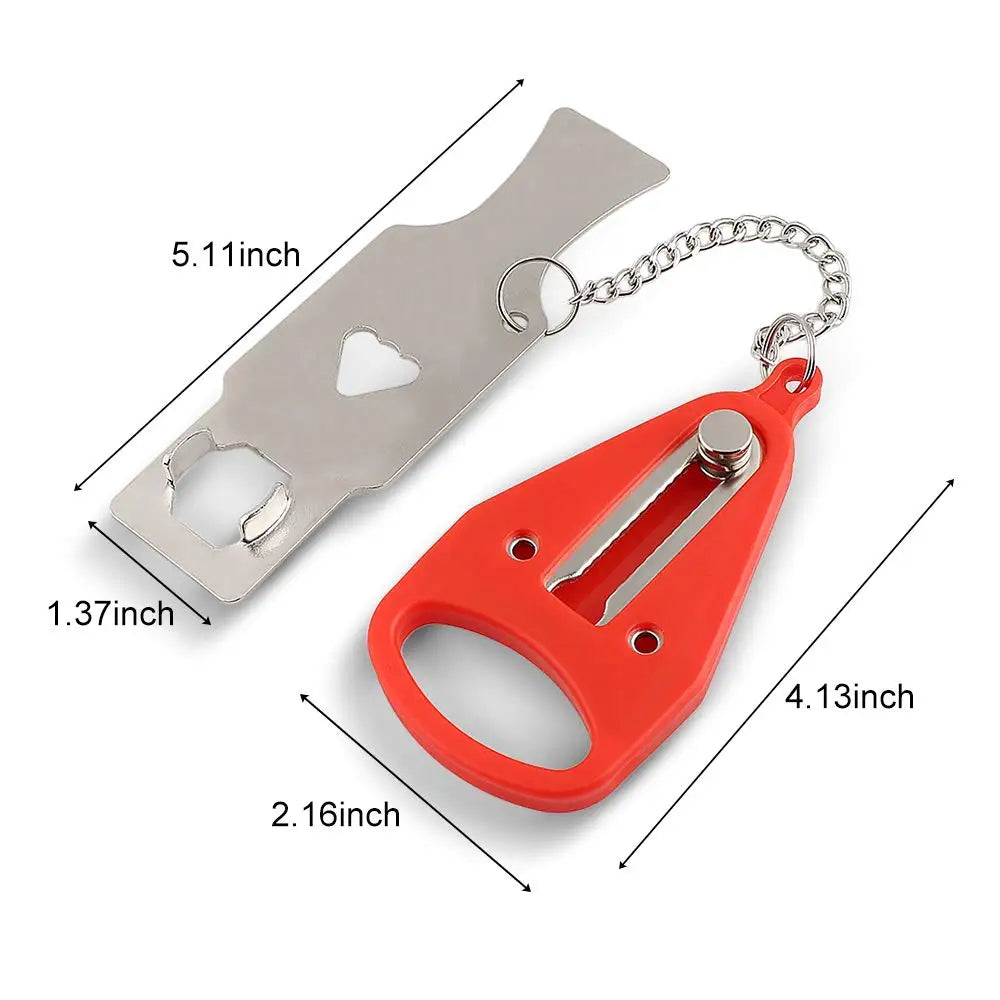 A silver portable keyless door lock with a heart-shaped cutout and an orange handle and keyring.