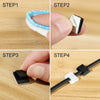 Four steps showing how to use self-adhesive cable clips for cord organization, demonstrating the process from preparation to 
