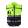 A bright lime green high-visibility reflective safety vest with black trim and pockets.