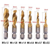 A set of titanium coated hex shank tap and drill bits with various sizes and lengths.