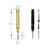 A spring-loaded center pin punch with a brass body and a sharp point, shown with various dimensions.