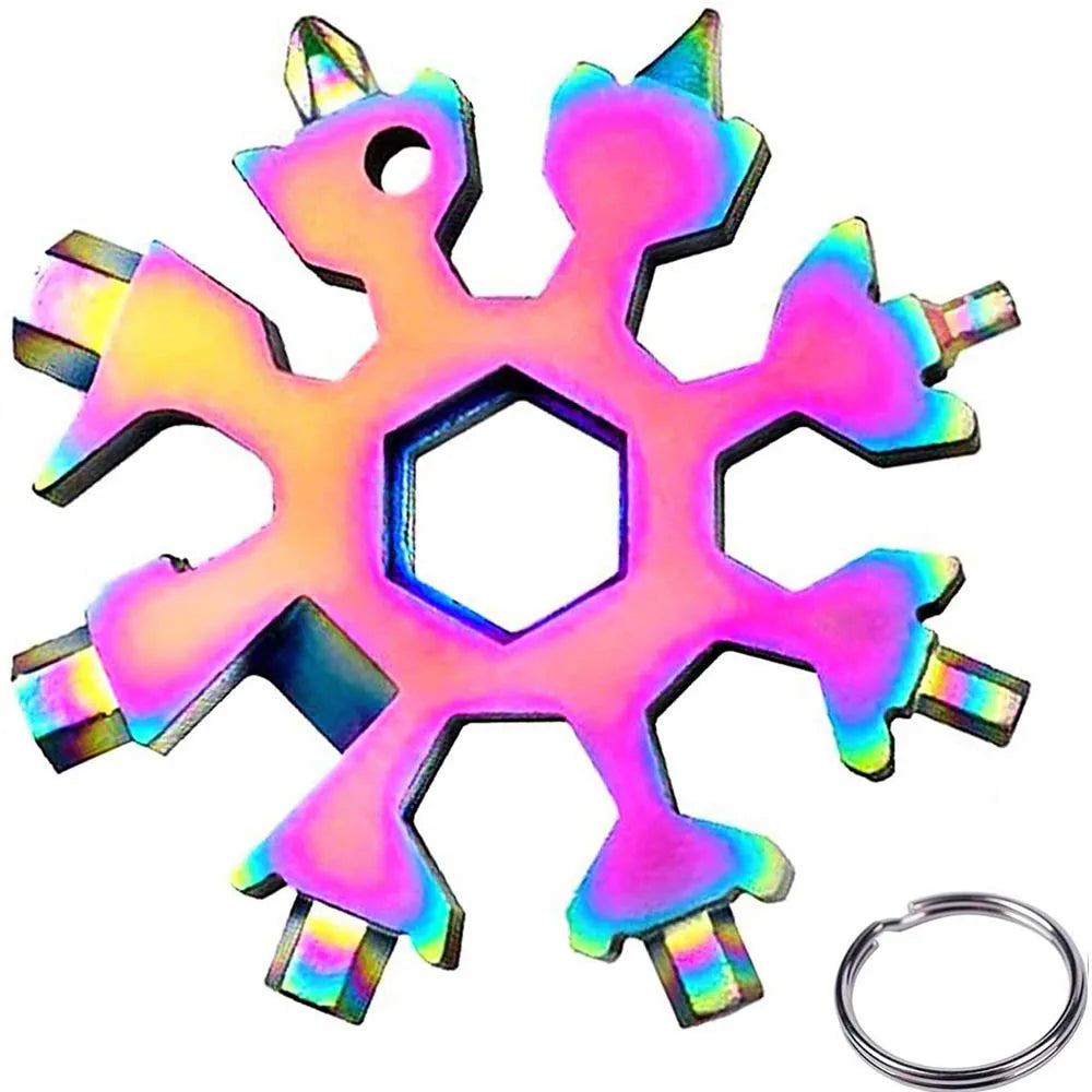 A pink hexagonal multi-tool made of stainless steel with various tools and a keyring.