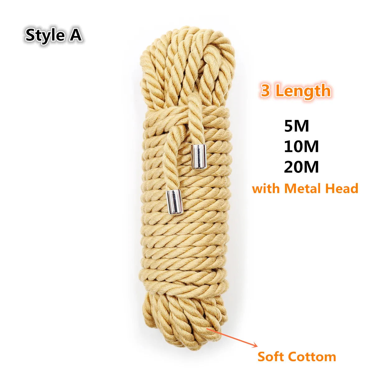 A bundle of beige soft cotton rope in Style A with metal heads, available in 5M, 10M, and 20M lengths.