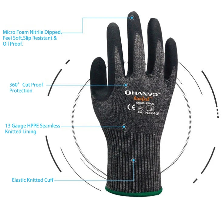 A black heavy-duty anti-cut work glove with an elastic knitted cuff and various protective features.