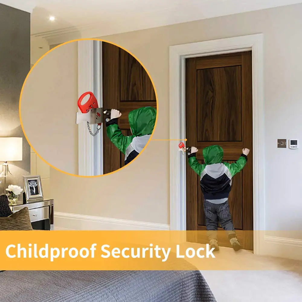 A green-clad child is shown interacting with a security lock on a wooden door, demonstrating a childproof security lock.