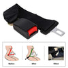 Black adjustable car seat belt extension clip with red insert showing before and after usage effect