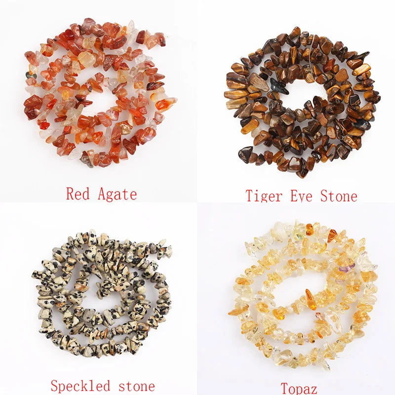 Four types of natural stone beads: Red Agate, Tiger Eye Stone, Speckled stone, and Topaz.