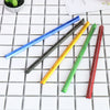 A collection of colorful aluminum triangular rulers laid on a white grid background.