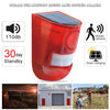 A red solar PIR motion light and sound alarm device shown with features for 110db sound, 30-day standby, infrared induction, 