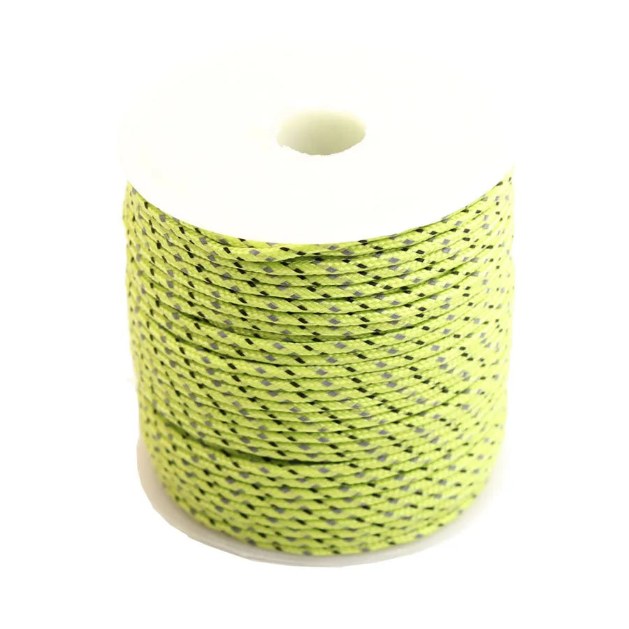 A coil of durable 2mm reflective paracord rope in a lime green color.