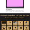 A pink LCD screen display showing product features and protection details for a welding filter lens.
