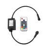 Schwarzer LED-Controller mit angeschlossenem Kabel und Fernbedienung für Infrarot.