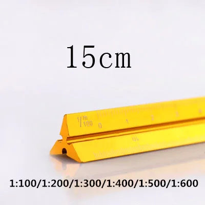 A yellow aluminum triangular ruler marked in centimeters and various scale ratios.