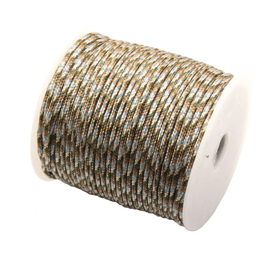 A spool of durable 2mm reflective paracord rope in a brown and gray woven pattern.