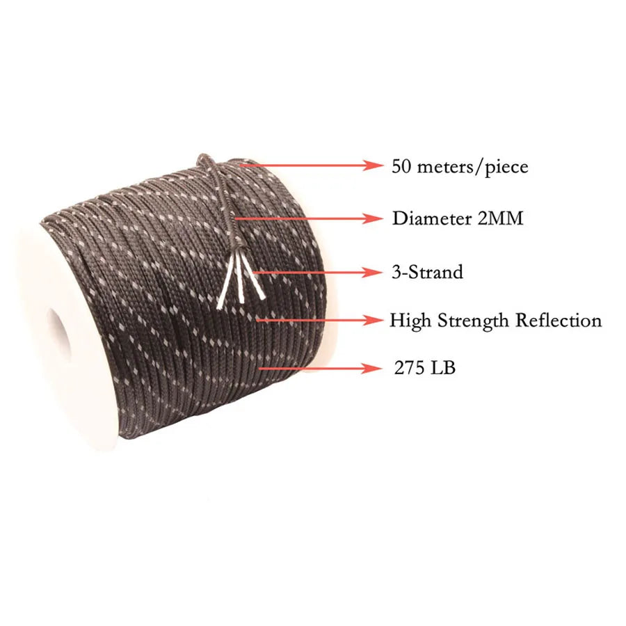 A coil of dark gray 3-strand paracord rope with a 2mm diameter, designed for high strength reflection.