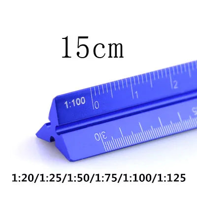 A blue aluminum triangular ruler marked with measurements and ratios for crafting.