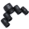 A set of six black point impact sockets for air pneumatic tools, showing various sizes from 15mm to 28mm.