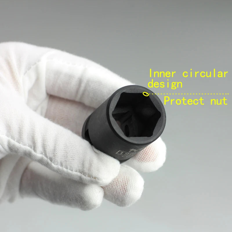 A hand wearing a white glove holds a black socket with an inner circular design and a protect nut.