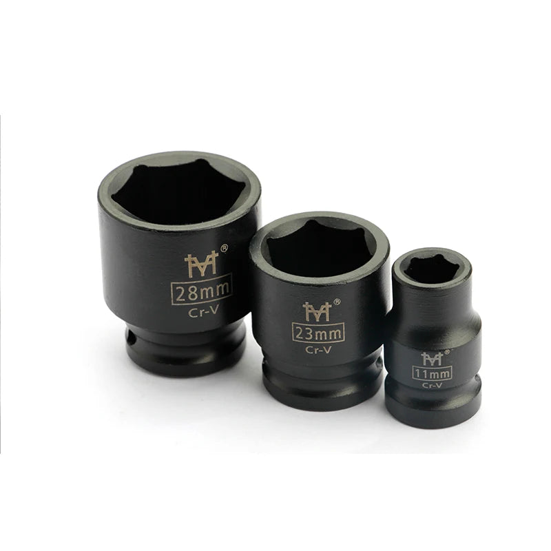A set of three black point impact sockets with varying sizes, labeled 28mm, 23mm, and 11mm.