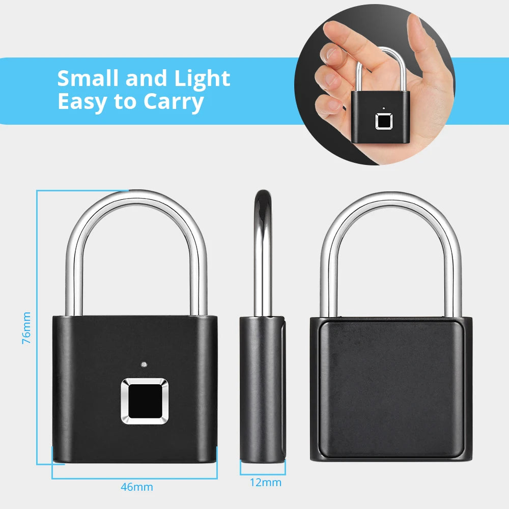 A black fingerprint keyless door lock is shown with its components and dimensions.