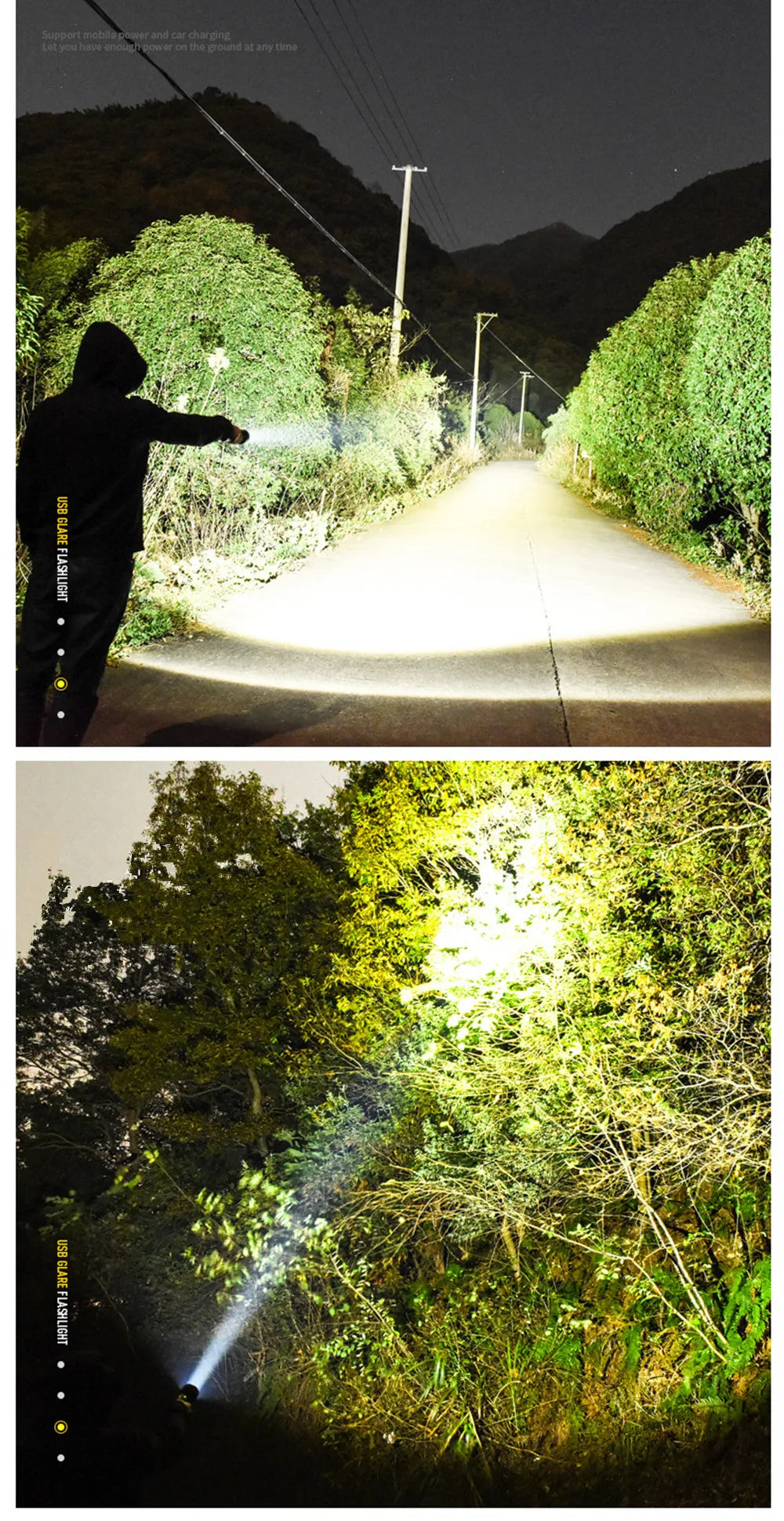 A tactical rechargeable LED flashlight is shown illuminating a dark road at night.