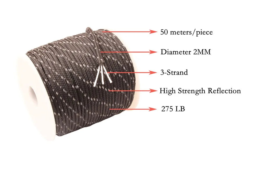 Spool of 3-strand, 2mm diameter, high strength reflective paracord rope, 50 meters long.