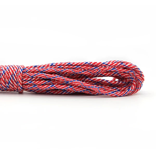 A coil of red and blue striped heavy duty 7-strand paracord rope.
