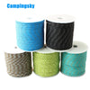 Rolls of durable 2mm reflective paracord rope in various colors including blue, black, olive green, and teal.