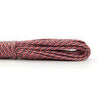 A close-up of a thick, braided red and blue paracord rope.