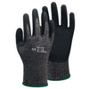 A pair of black heavy-duty anti-cut work gloves with green trim.