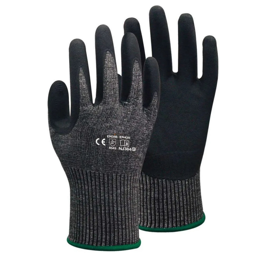 A pair of black heavy-duty anti-cut work gloves with green trim.