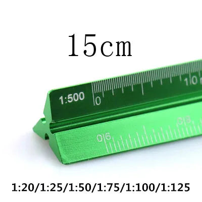 A green aluminum triangular ruler marked with a 15cm scale and various fractional measurements.