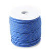 A spool of blue reflective paracord rope coiled on a white background.