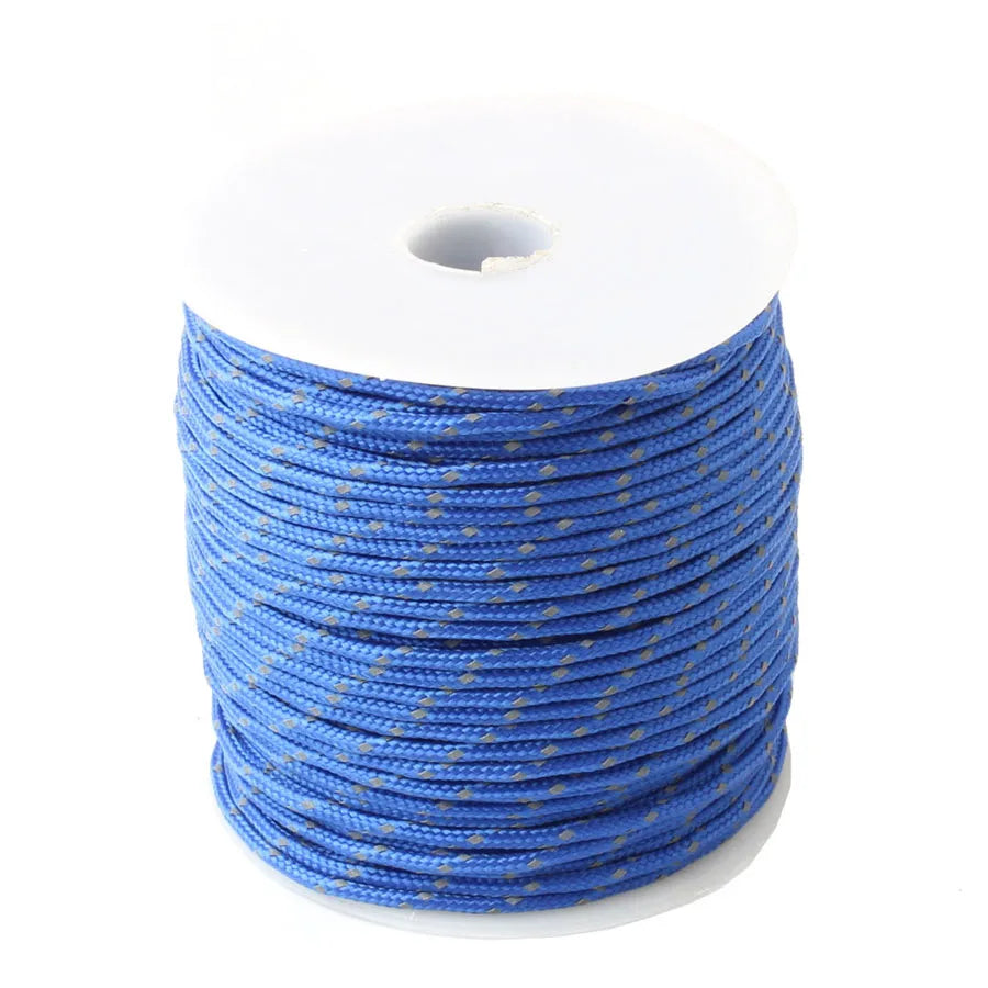 A spool of blue reflective paracord rope coiled on a white background.