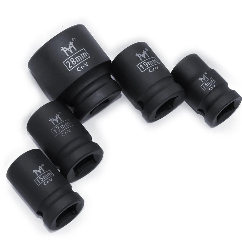 A set of six black point impact sockets for air pneumatic tools, showing various sizes from 15mm to 28mm.