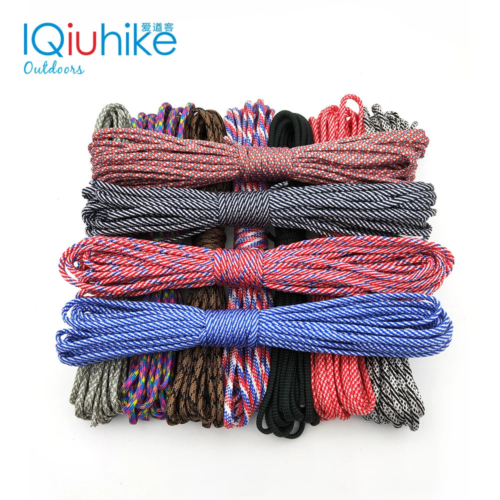 A bundle of various colored heavy duty 7-strand paracord ropes.
