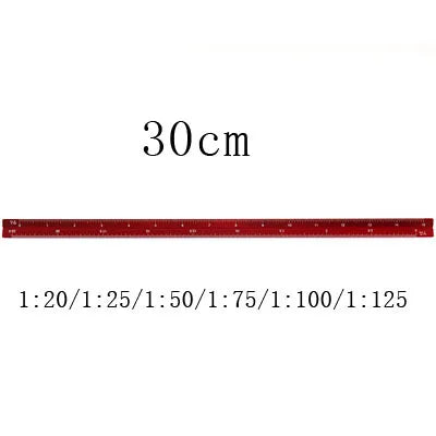 A red aluminum triangular ruler marked in centimeters, showing various scale divisions.