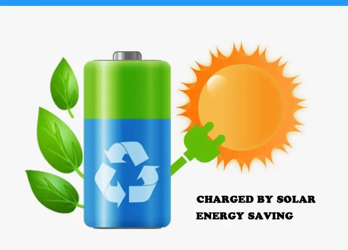 A blue solar-powered motion security alarm is shown next to a bright orange sun, illustrating solar energy saving.