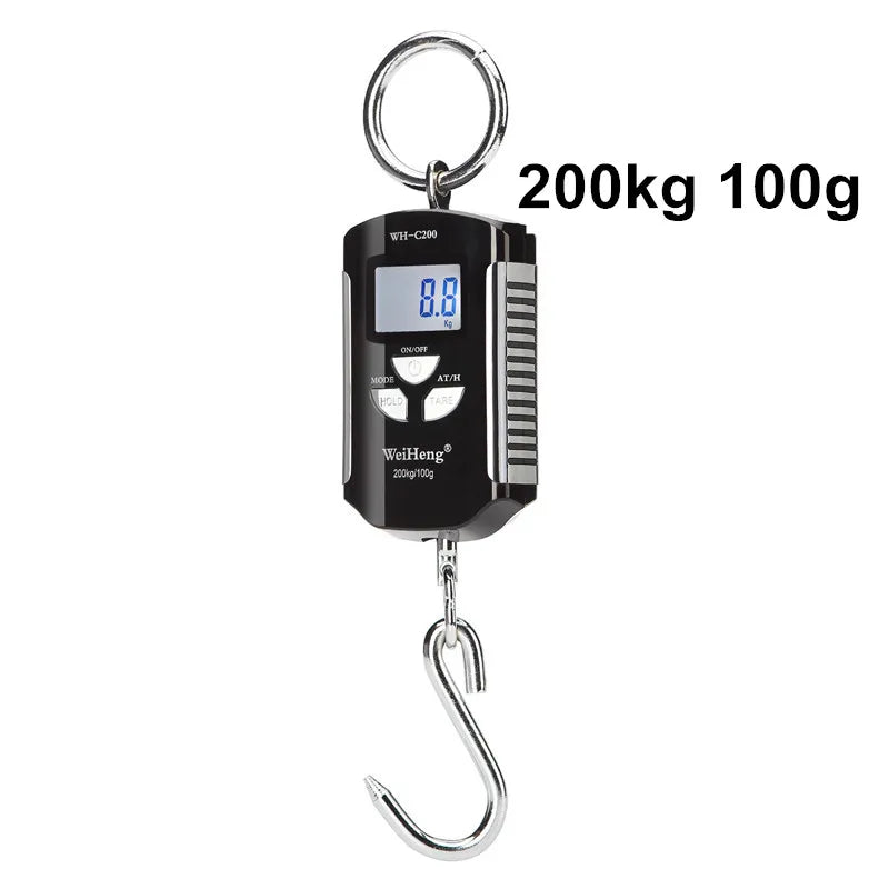 A black digital hanging scale with a keyring and a metal hook, displaying a weight of 0.0 kg.