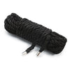 A coil of black silky bondage rope used for restraint and roleplay.
