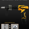 A yellow and black professional electric rivet gun is shown with a drill bit and a rivet nut.