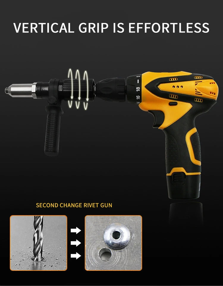 A yellow and black professional electric rivet gun is shown with a drill bit and a rivet nut.