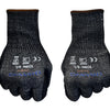 A pair of black heavy-duty anti-cut work gloves with ribbed texture and blue accents.