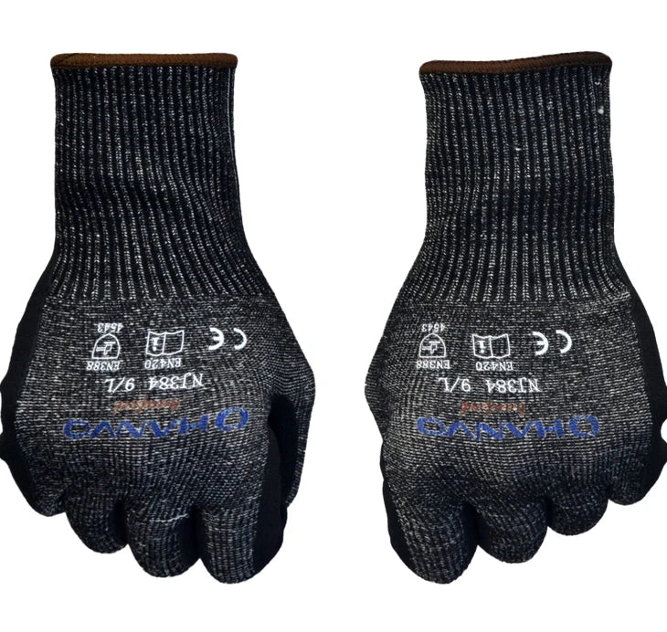 A pair of black heavy-duty anti-cut work gloves with ribbed texture and blue accents.