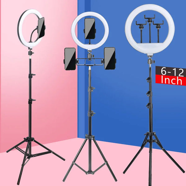 A professional multi-function ring light with a tripod shown in three views against a pink and blue background.