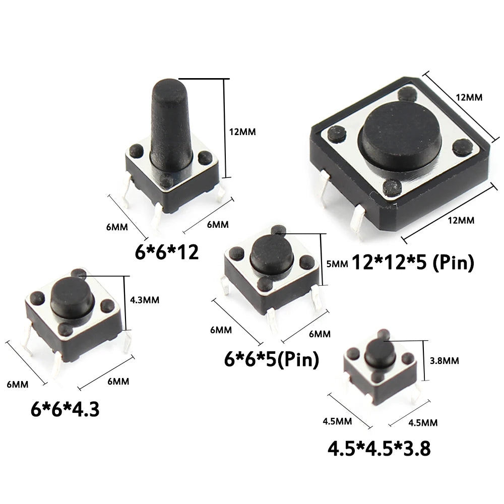 Assorted micro push button tactile switch kit showing various sizes and pin configurations