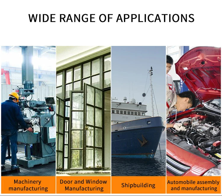 A collection of images showing various applications for a professional electric rivet nut gun including machinery manufacturi