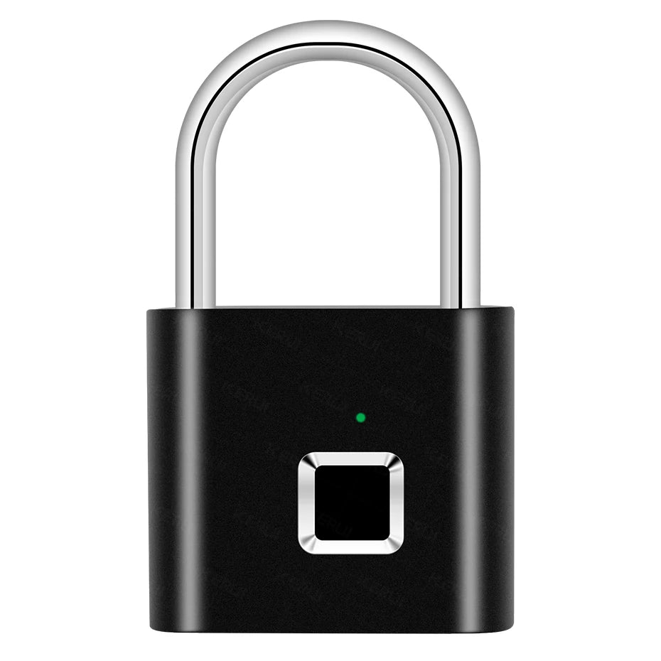 A close-up view of a black fingerprint keyless door lock with a silver arched handle.